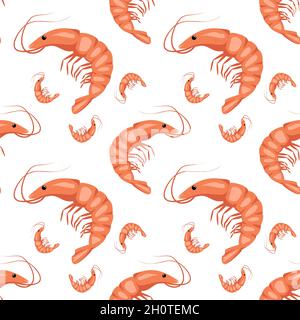 Seamless pattern with shrimps or prawns on a white background. Cute print for textiles, paper and other designs. A source of vitamins and healthy nutrition. Vector flat illustration Stock Vector