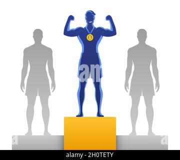 Happy champion man standing on first place winner pedestal with second and third place competitors. Success and winning concept vector illustration. Stock Vector