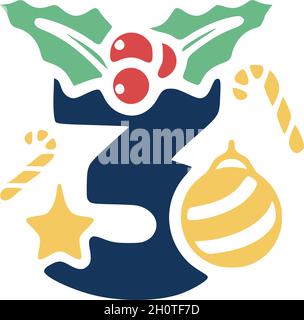 Number 3 is decorated with mistletoe and Christmas elements. New Year vector clip art. Stock Vector