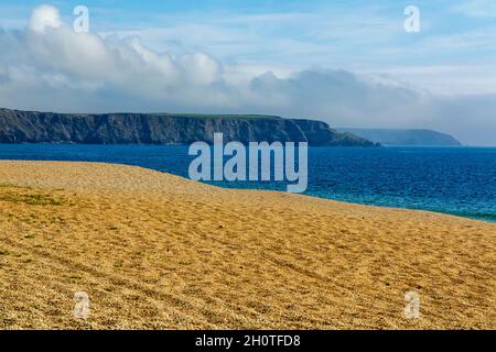 Empty beach at Porthleven Sands near Helston on the South West Coast Path in south Cornwall England UK Stock Photo