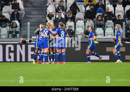 Turin, Italy. 13th Oct, 2021. Erin Cuthbert (22) of Chelsea scores for 0.1 during the UEFA Women's Champions League match between Juventus and Chelsea at Juventus Stadium in Turin. (Photo Credit: Gonzales Photo/Alamy Live News Stock Photo