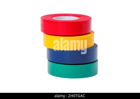 Stack of rolls of multicolored pvc electrical tape isolated on white Stock Photo