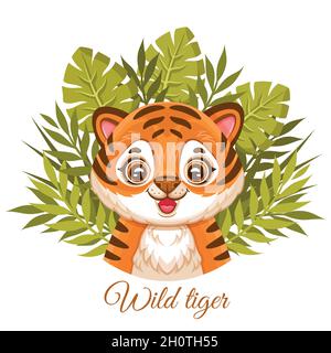 Cute African baby tiger face, wildcat jungle cub among tropical leaves. Striped wild cat head. Small leopard kitten with green plants. Cartoon vector Stock Vector