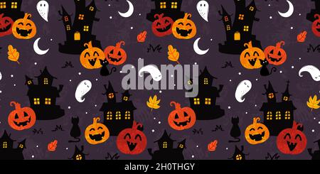 Fun halloween castles seamless pattern, cute ghosts, pumpkins, cats and decoration, great for banners, wallpapers, wrapping, textiles - vector design Stock Vector