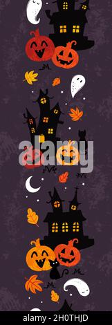 Fun halloween castles seamless pattern, cute ghosts, pumpkins, cats and decoration, great for banners, wallpapers, wrapping, textiles - vector design Stock Vector