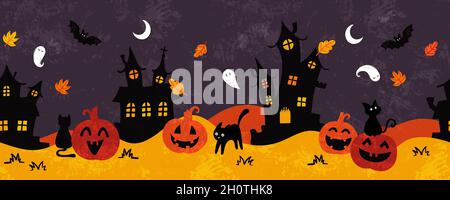 Fun halloween castles seamless pattern, cute ghosts, pumpkins, cats and decoration, great for banners, wallpapers, wrapping, textiles - vector design Stock Vector