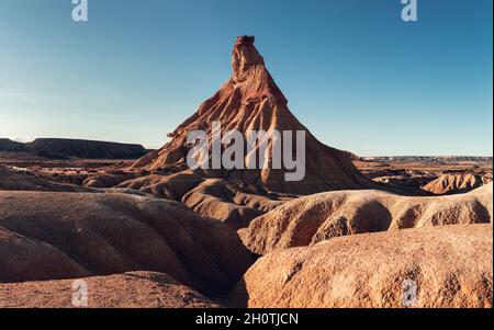Castil de terra. Panoramic view of the Bardenas Reales, Navarra, Spain. Unique sandstone formations eroded by wind and water Stock Photo