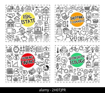 Finance and Banking, Ecology, Real Estate and Shopping doodle icons set Stock Vector