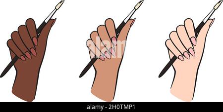 Female hand with acrylic nail brush or artist paint brush in three skin tones as vector icon set Stock Vector