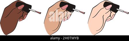 Nail technicians hand holding nail polish brush in three skin tones for manicure concept vector set Stock Vector