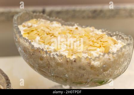 A creamy pate with chestnut chips on a buffet table. Stock Photo