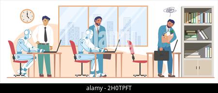 Fired employee leaving office, robots working on computers, vector illustration. AI superiority. Human staff reduction. Stock Vector