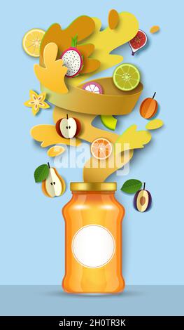 Fruit jam package glass jar, paper cut fresh fruits, liquid splash, drops. Healthy fruit preserves, vector illustration. Stock Vector