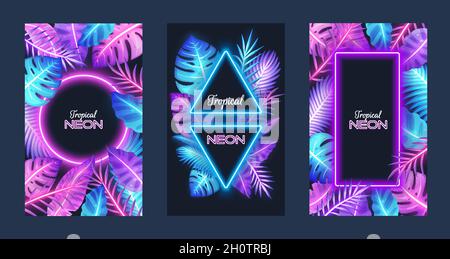 Tropical neon card template set, vector illustration. Tropic frames with exotic palm tree, monstera jungle plant leaves. Stock Vector