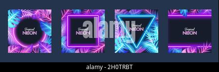 Tropic social media stories, social network pages, banners. Jungle leaves frames, neon light design vector illustration. Stock Vector