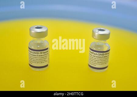 Sylhet, Bangladesh. 14th Oct, 2021. Vials of the Pfizer-BioNTech Covid-19 Vaccine at the M A G Osmani medical college & hospital vaccination center. Credit: Majority World CIC/Alamy Live News Stock Photo