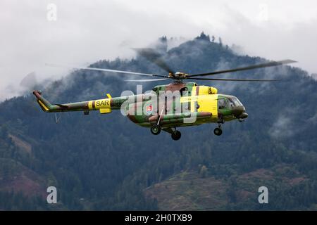 Zeltweg, Austria - September 6, 2019: Military helicopter at air base. Air force flight operation. Aviation and aircraft. Air defense. Military indust Stock Photo
