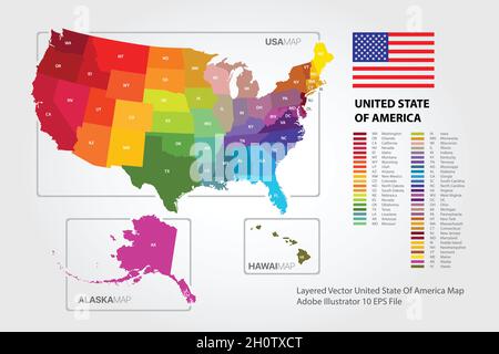 Colorful United States of America map vector of the  drawn with high detail and accuracy. Stock Vector