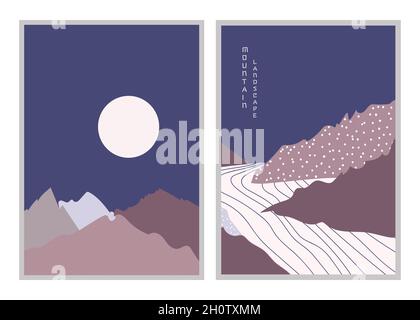Abstract night mountain landscape poster. Geometric landscape background in asian japanese style.  Stock Vector