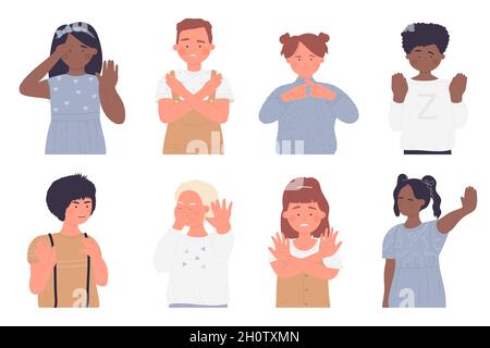 Kids stop poses and gestures isolated vector illustration set. Cartoon angry upset child character saying stop, posing with crossing arms over chest, children showing negative expressions collection Stock Vector