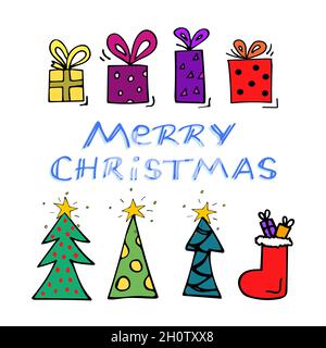 Hand drawn vector Merry Christmas card. Cartoon style Stock Vector