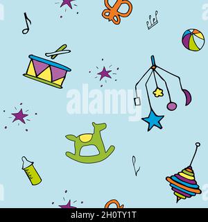 Blue background pattern with kids toys and feeding bottle, stars and sheet music, balls and drum, horse. Stock Vector