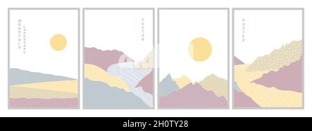 Set of abstract mountain landscape posters. Vector illustration. Stock Vector