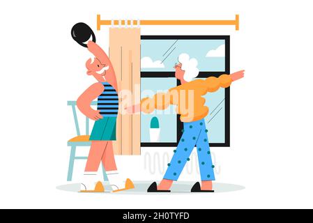 Elderly family people do sport exercises at home vector illustration. Cartoon couple grandparents characters training, active old man with kettlebell, sportive retirement activity isolated on white Stock Vector