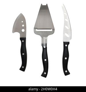 Set of cheese knives isolated on white background, close up Stock Photo