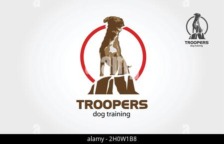 Troopers Dog Training logo design, the main concept is sitting dog on the rock, it's good for training dog, school dog or dog lover community. Stock Vector