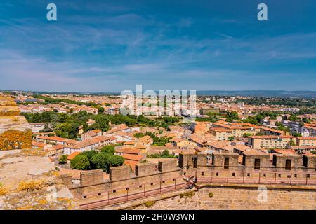 Panoramic View of medieval citadel Carcassonne from the castle walls of Carcassonne town. Ancient historical monuments of Europe on the South of France. High quality photo Stock Photo