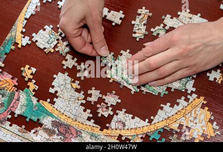 Hands putting jigsaw puzzle pieces together. Home alone. Quarantine in Coronavirus outbreak. Close up. Stock Photo