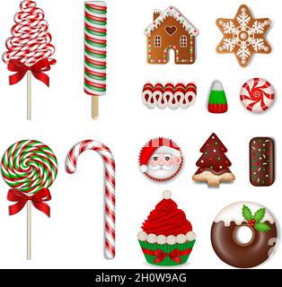 Set of christmas sweets. isolated lollipops, candies, chocolates, cookies and cakes Stock Vector
