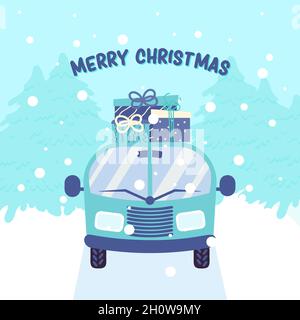 Car delivering gift boxes winter landscape. Festive Christmas background. Present boxes on the roof of auto Stock Vector