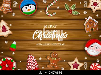 Merry christmas poster with cookies, candies and cakes on wooden background Stock Vector