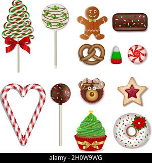 Set of christmas sweets. isolated lollipops, candies, chocolates, cookies and cakes Stock Vector