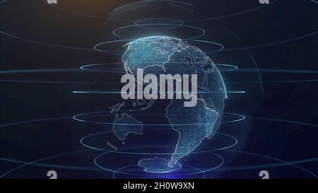 Planet earth rotating animation future technology business concept. Digital shiny globe of Earth. Rotation of glossy planet with glowing particles. Stock Photo