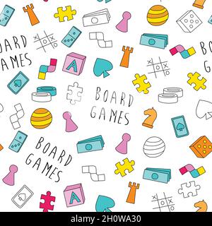 Board game themed seamless pattern. Colorful cartoon game pieces, playing cards and inscriptions. Pattern for wrapping paper or fabric Stock Vector