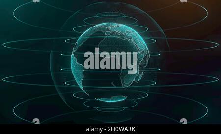 Planet earth rotating animation future technology business concept. Digital shiny globe of Earth. Rotation of glossy planet with glowing particles. Stock Photo
