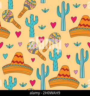 Seamless background with mexican culture attributes. Mexican background from sombrero, maracas and cactuses. Stock Vector