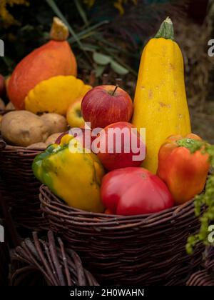 Colorful fruits and vegetables in a wicker basket. Pumpkin, squash, tomato, red pepper, apples, potatoes. Autumn vibes. Stock Photo