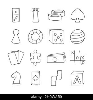 Board game icons in hand drawn cartoon style. Black and white doodle vector illustration. Stock Vector