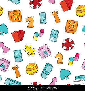 Board game themed seamless pattern. Colorful cartoon game pieces, playing cards. Pattern for wrapping paper or fabric Stock Vector