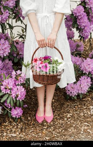 Basket with flowers in hands and rhododendron bushes. Stock Photo