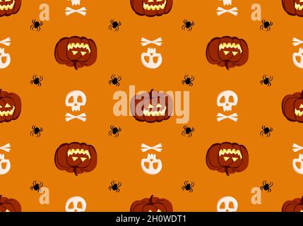 Bright seamless pattern with pumpkins, skulls and spiders. Festive autumn decoration for Halloween. Holiday October background for paper print, textile and design Stock Vector