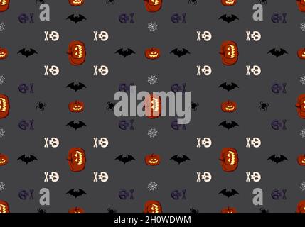 Bright dark seamless pattern with pumpkins, skulls, bats and spiders. Festive autumn decoration for Halloween. Holiday October background for paper print, textile and design Stock Vector