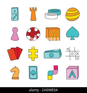 Board game icons in hand drawn cartoon style. Vector illustration. Colorful elements for the design of game rooms, website, banner Stock Vector
