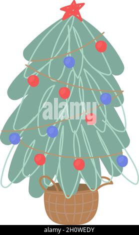 Decorated Christmas tree in a wicker basket. Vector illustration in ...