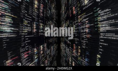 Computer script being typed endlessly on black background. Flying through changing lines, programming and creating new lines of hacker code, seamless Stock Photo