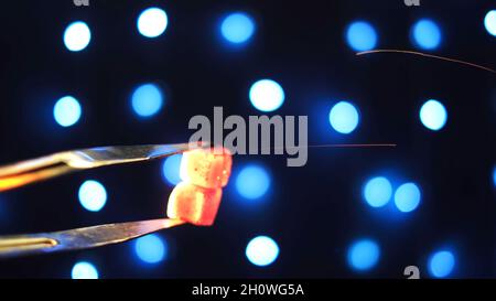Close up of metal tongs and charcoal for hookah on black background with blue garland. Holding red hot coals with forceps for shisha. Stock Photo